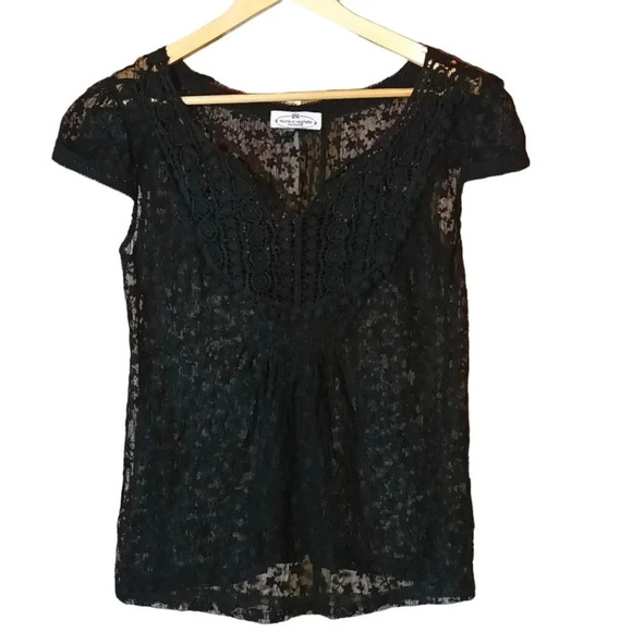Whimsigoth floral crochet embroidered sheer Black Top boho s/m - Picture 7 of 12